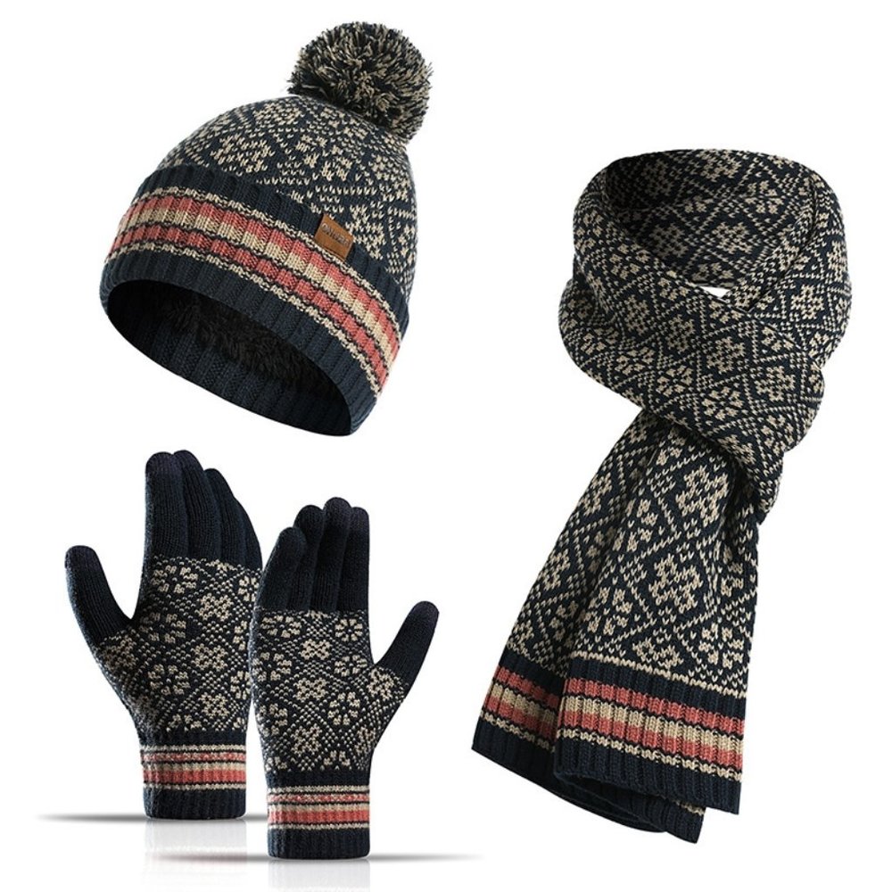 3 Piece - Navy Blue Glove Scarf Hat Set